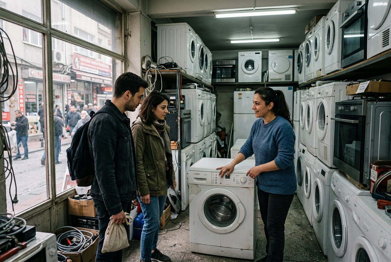 Çalışan çamaşır makinesi sergiliyor