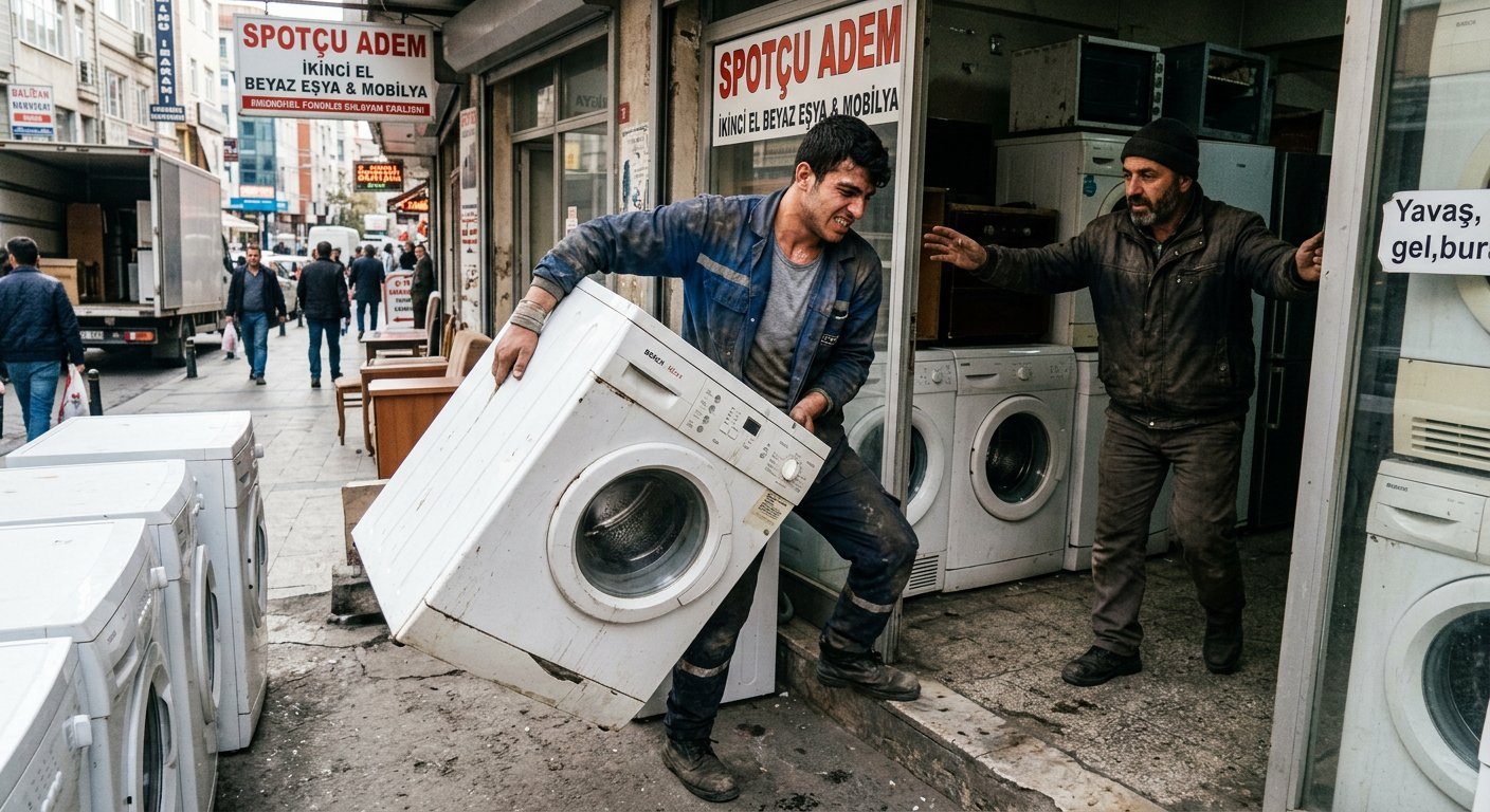 Çamaşır makinesi taşıyan çalışan