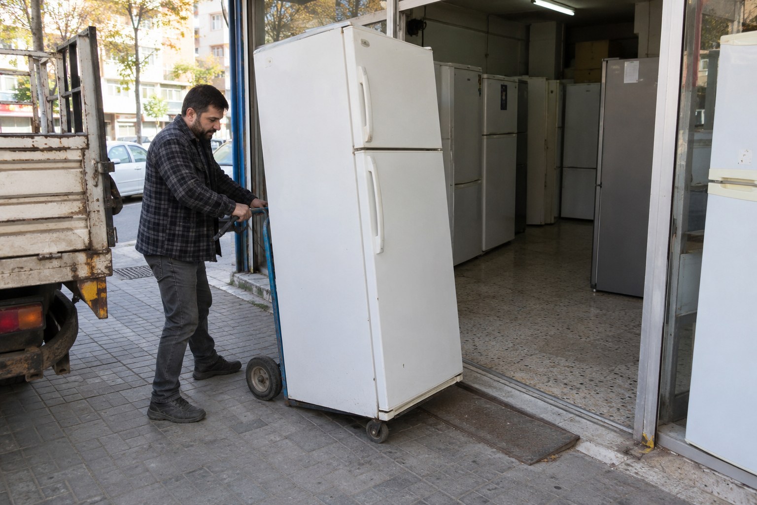 Dükkâna getirilen beyaz buzdolabı