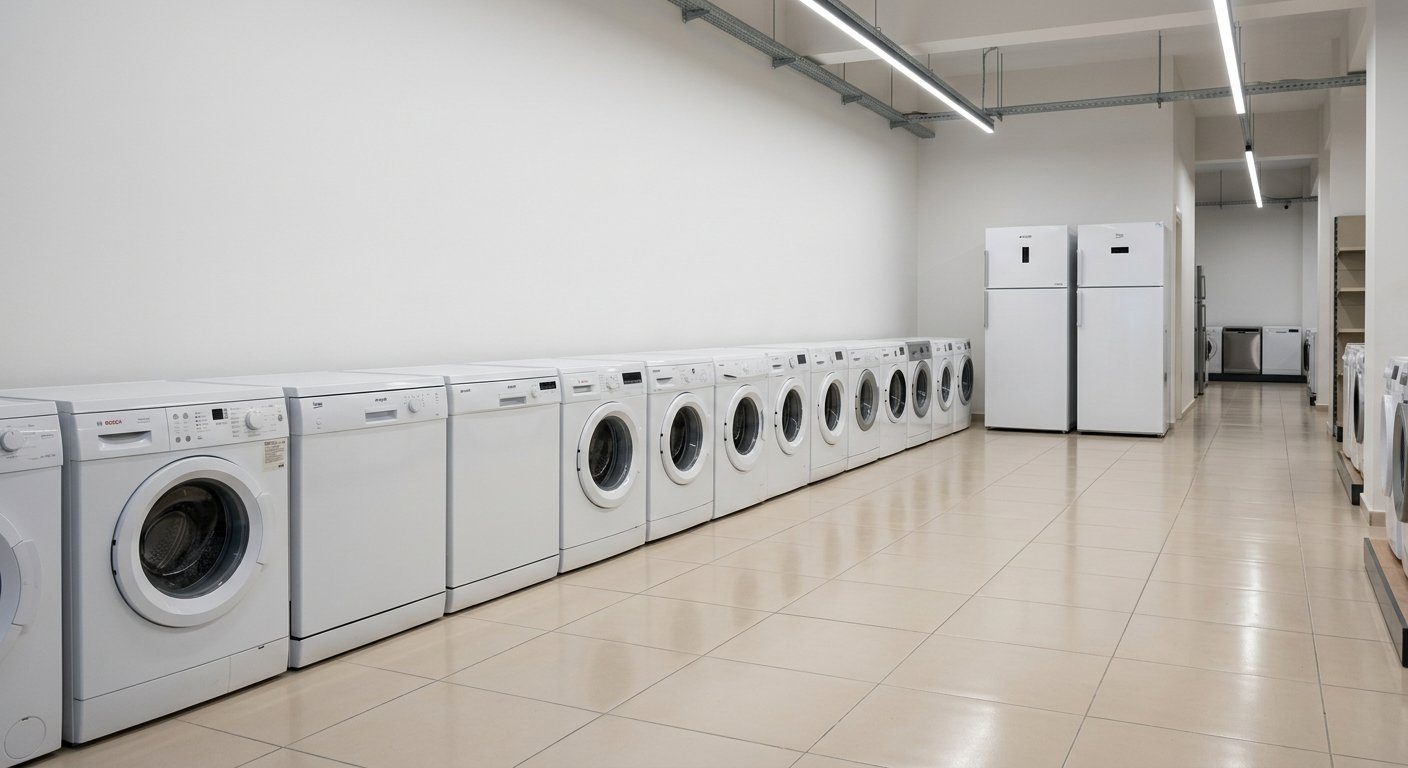 Duvar kenarında çamaşır ve bulaşık makineleri ile buzdolabı