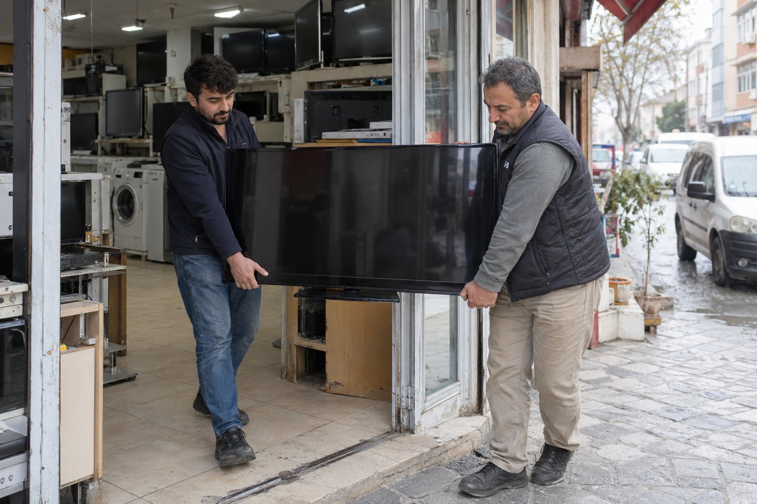 Eski televizyonu taşıyan çalışan