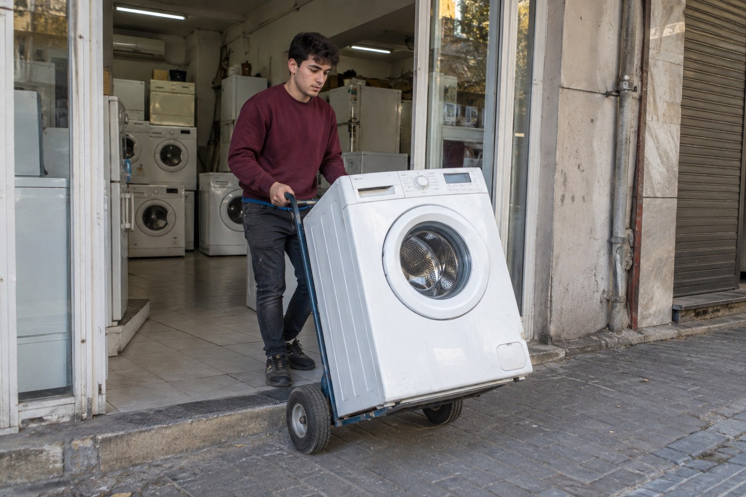 Genç çalışan makineyi taşıyor