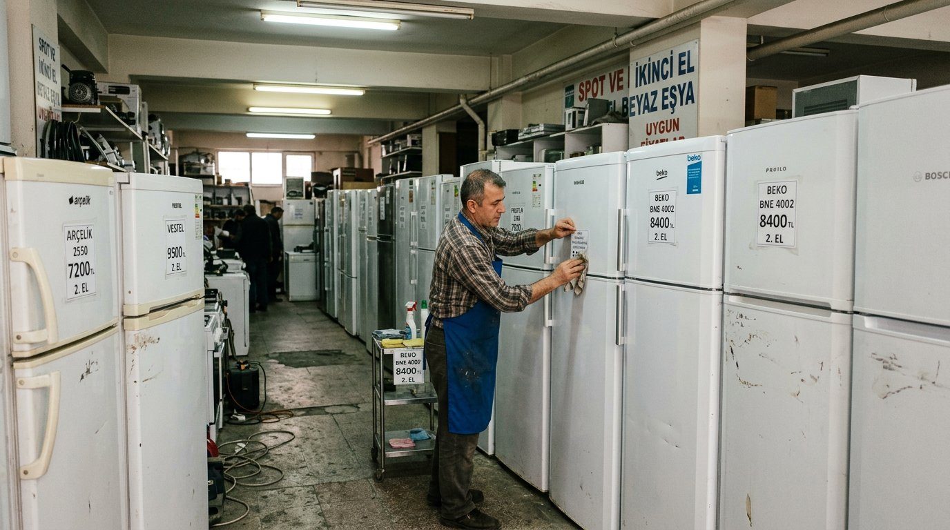 İkinci el buzdolabı sırasında mağaza sorumlusu