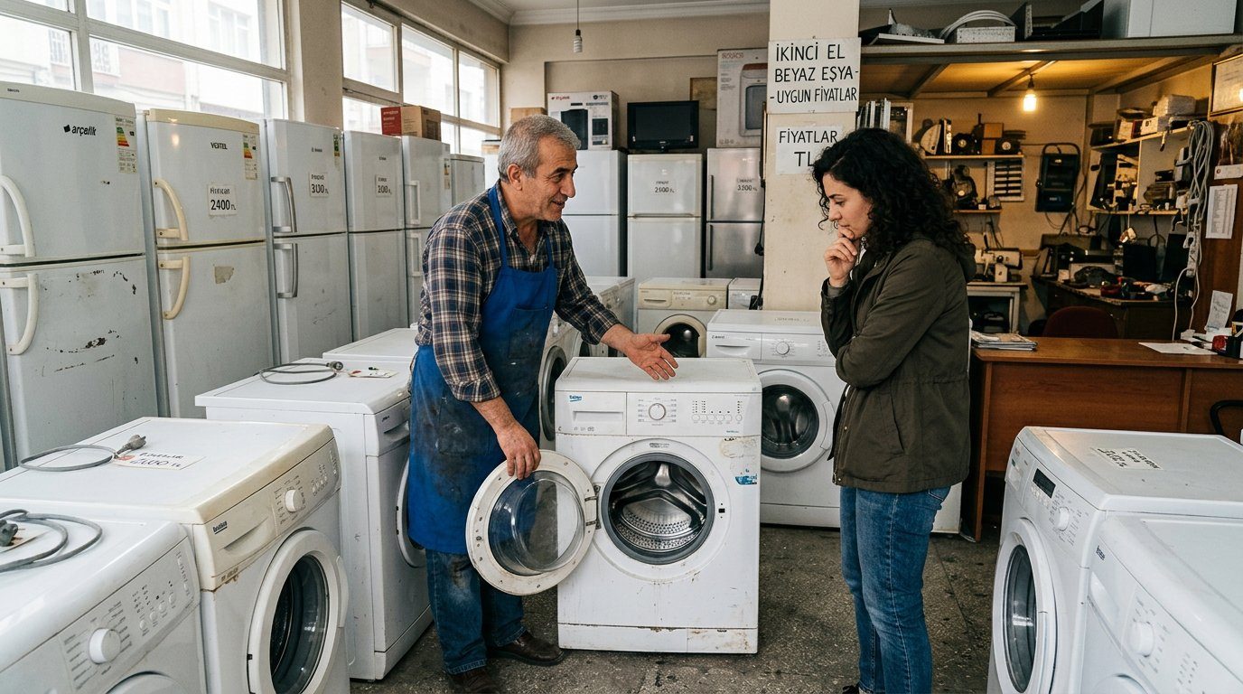 İkinci el çamaşır makinesi tanitan satıcı