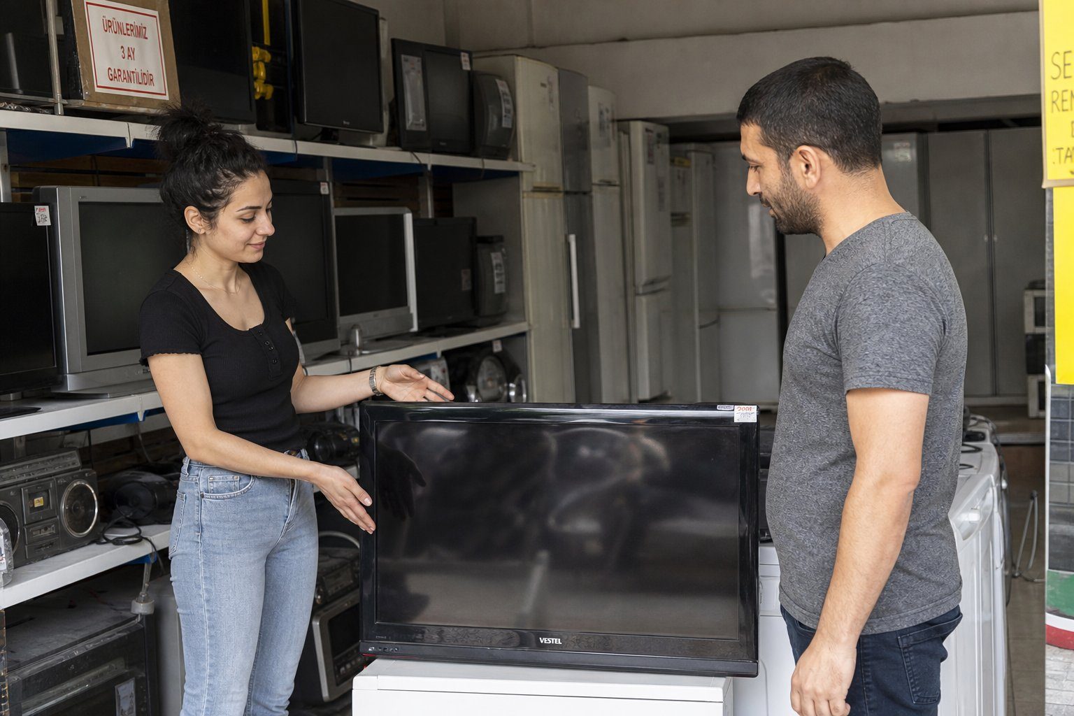 Kadın çalışan ikinci el tv ve elektronik satış yapıyor
