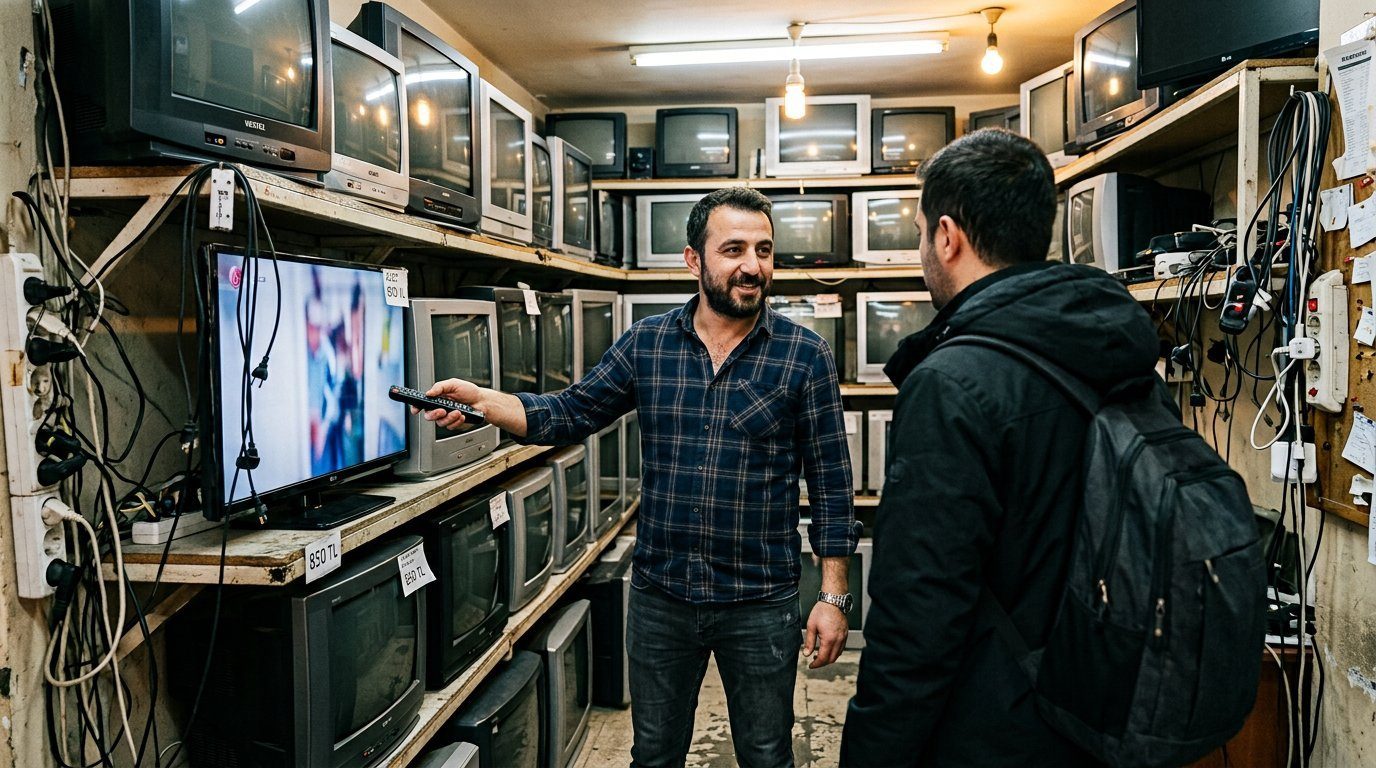 Müşteriye televizyon gösteren satıcı
