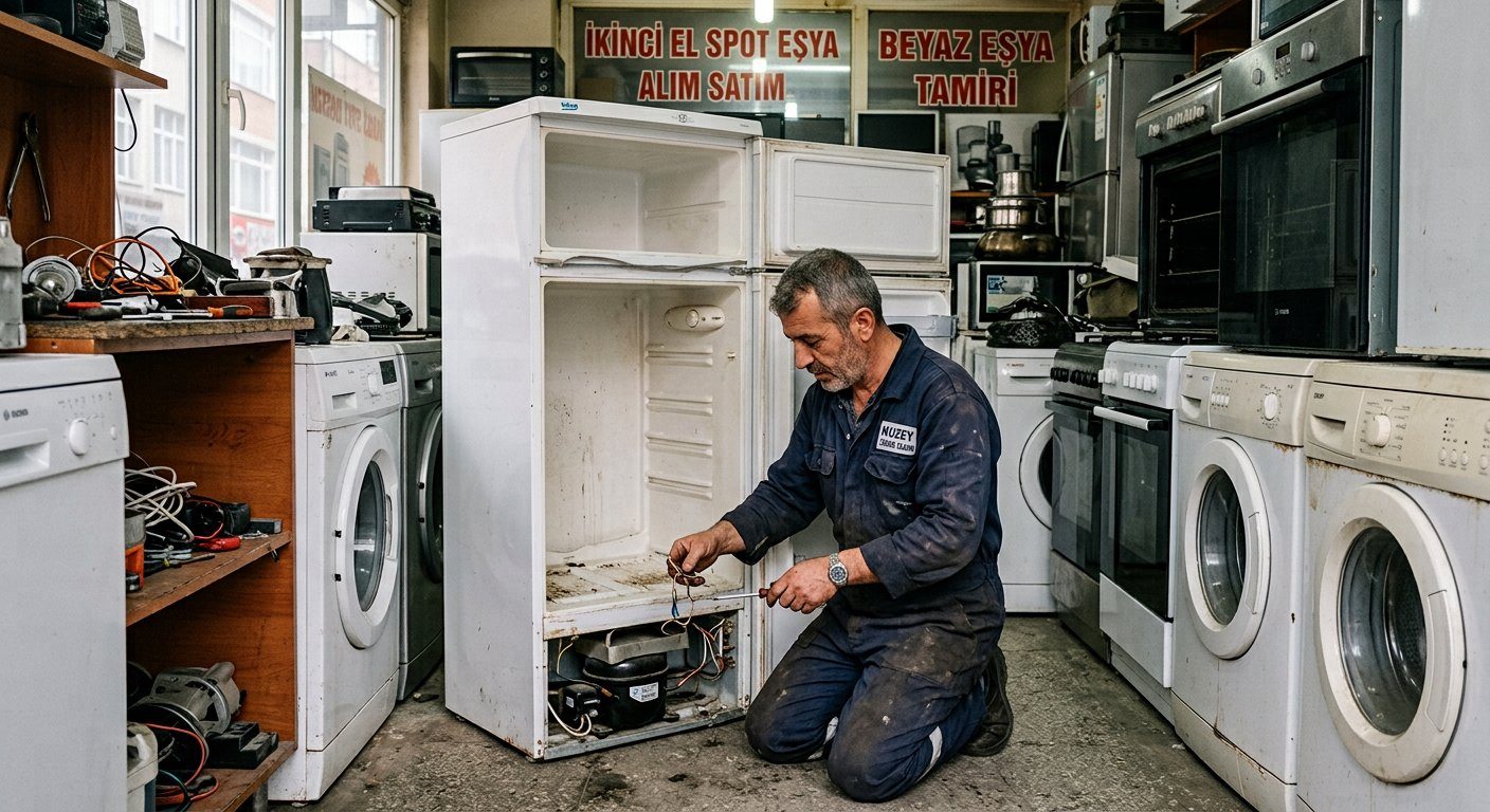 Spot mağazasında buzdolabı inceleyen usta