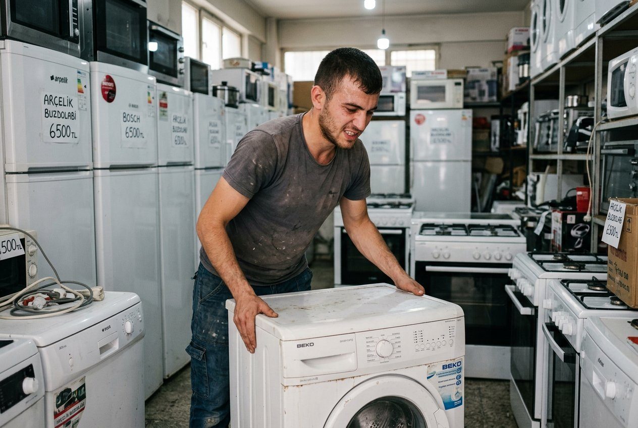 Spot mağazasında çamaşır makinesi taşıyan genç çalışan