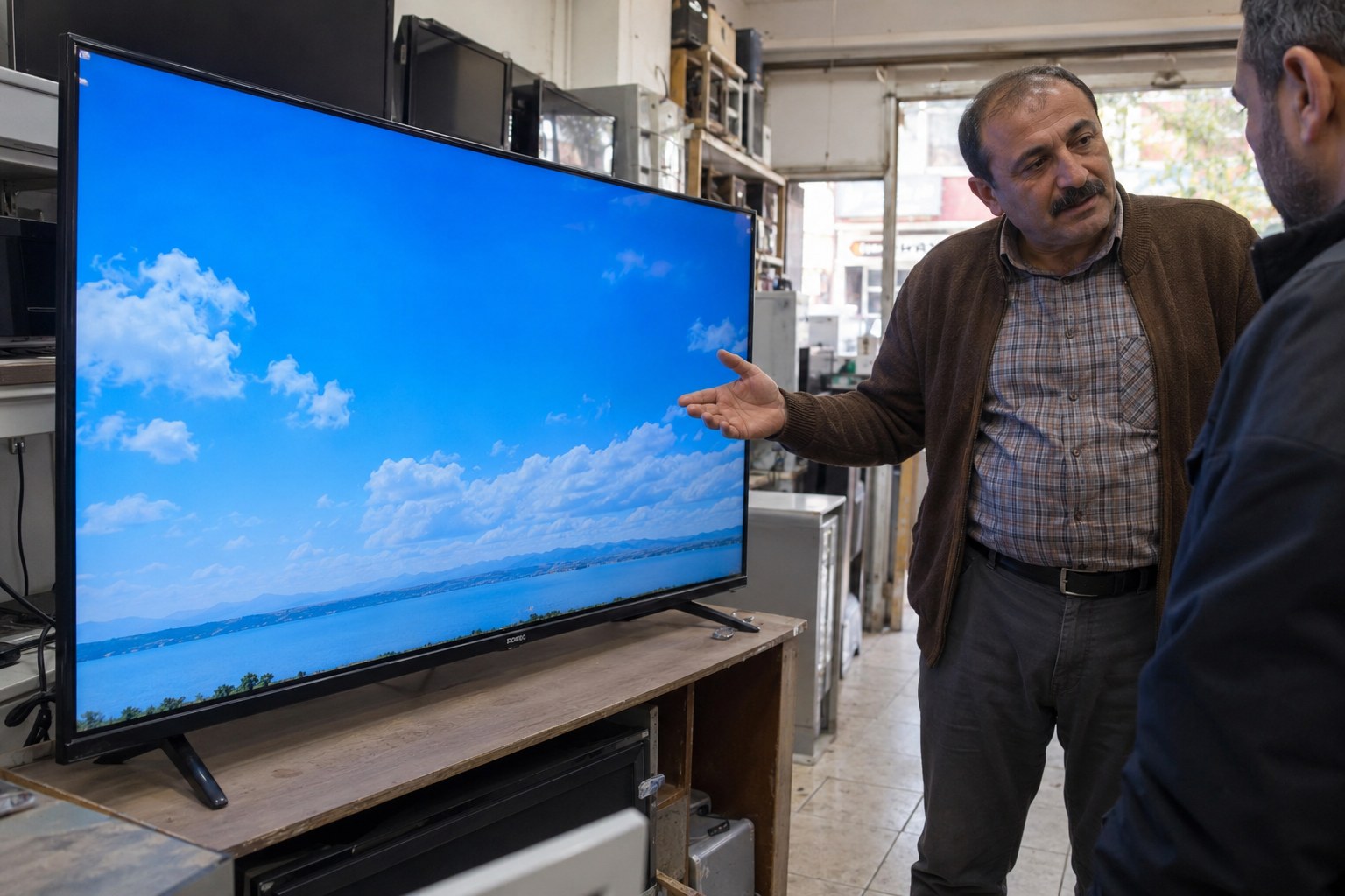 Televizyonu tanıtan dükkân sahibi