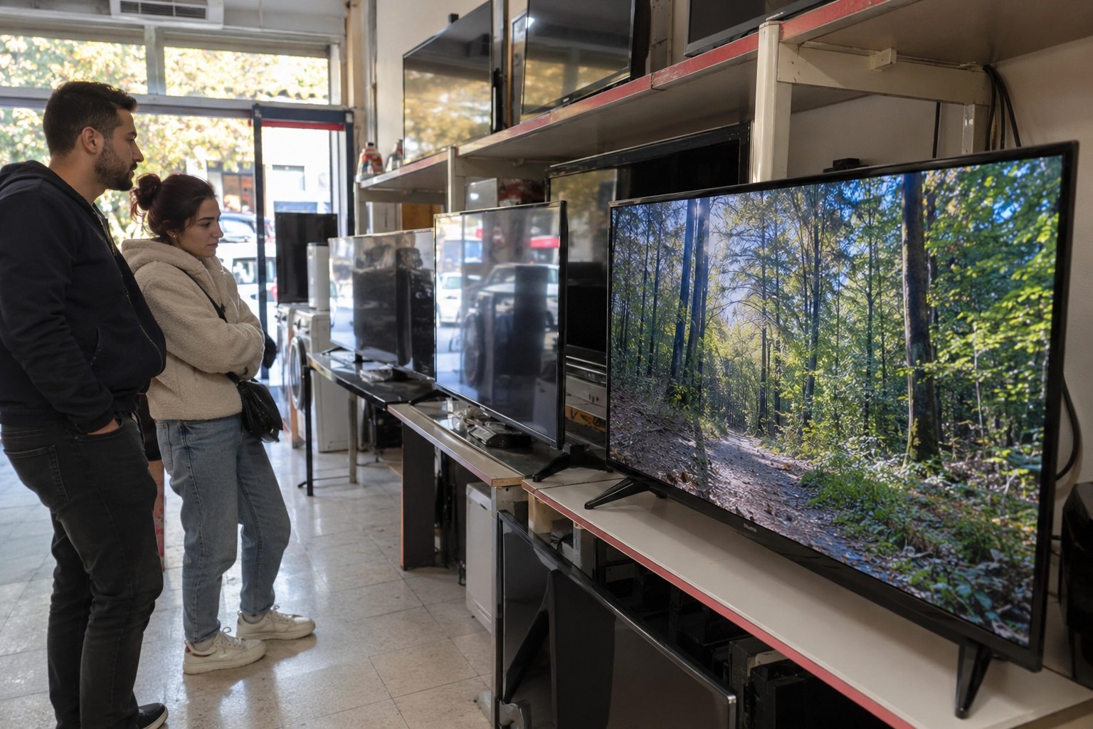 TV rafi önünde iki müşteri